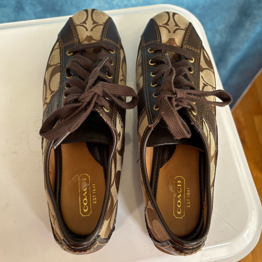 Coach Brown & Tan Leather Signature Low-Top Sneakers Size 7 - Picture 5 of 9